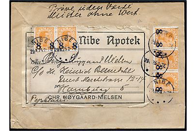 8/7 øre (5) på tryksag mærket Prøve uden Værdi fra Nibe d. 29.8.1925 til Hamburg, Tyskland. Kuvert afkortet i højre side.