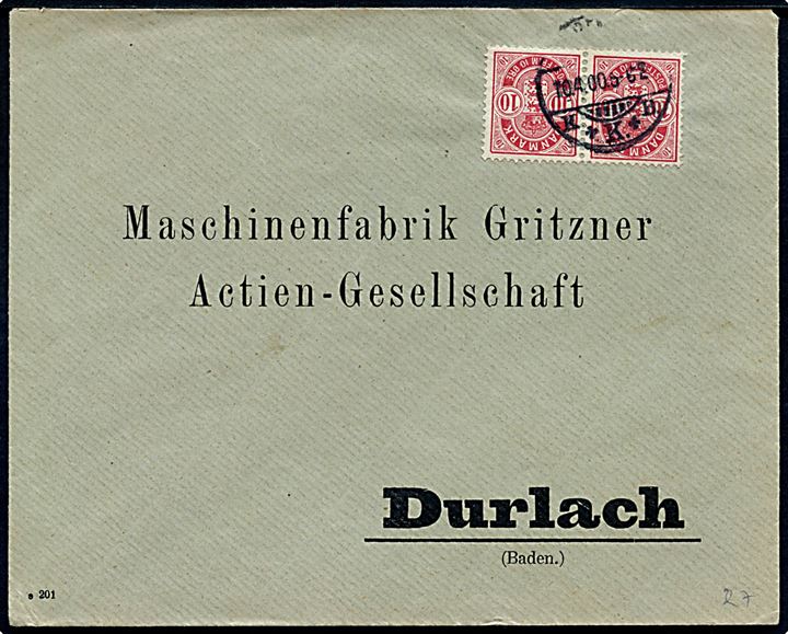 10 øre Våben i parstykke på brev fra Kjøbenhavn d. 10.4.1900 til Durlach, Tyskland.