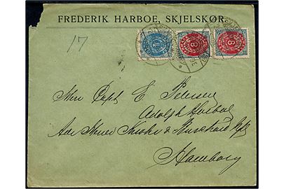 4 øre og 8 øre (2) Tofarvet omv. rm. på brev fra Skjelskør d. 21.11.1894 til Hamburg, Tyskland. 