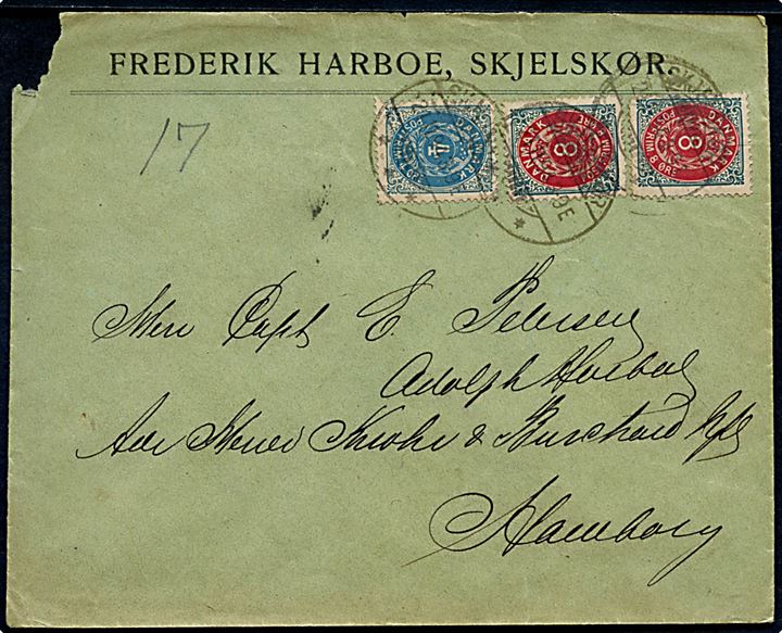4 øre og 8 øre (2) Tofarvet omv. rm. på brev fra Skjelskør d. 21.11.1894 til Hamburg, Tyskland. 