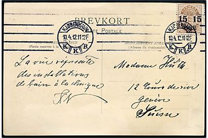 15/24 øre Provisorium på overfrankeret brevkort fra Kjøbenhavn d. 10.4.1912 til Geneve, Schweiz.