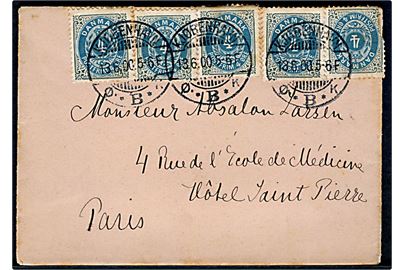4 øre ret rm. (1) og omv. rm. (4) Tofarvet på 20 øre frankeret brev fra Kjøbenhavn d. 13.6.1900 til Paris, Frankrig.