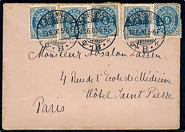 4 øre ret rm. (1) og omv. rm. (4) Tofarvet på 20 øre frankeret brev fra Kjøbenhavn d. 13.6.1900 til Paris, Frankrig.
