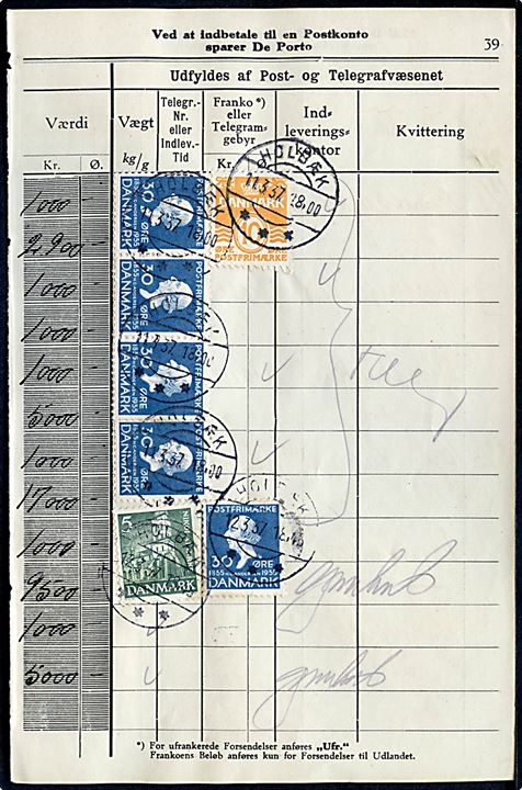 5 øre Nikolai kirke, 10 øre Bølgelinie og 30 øre H. C. Andersen (5) som forsikrings-gebyr for værdibreve på side fra postkvitteringsbog annulleret i Holbæk i perioden 11.-12.3.1937.