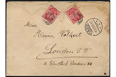 10 øre Våben (2) på brev annulleret med Esrom-type stempel MERN. og sidestemplet Præstø d. 4.1.1900 til London, England.