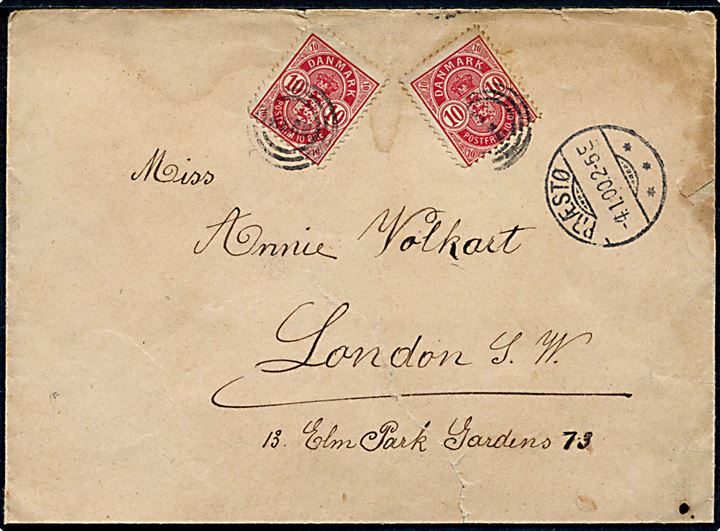 10 øre Våben (2) på brev annulleret med Esrom-type stempel MERN. og sidestemplet Præstø d. 4.1.1900 til London, England.