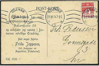 2 øre Bølgelinie single på lokalt tryksagsbrevkort fra Odense d. 27.11.1914.