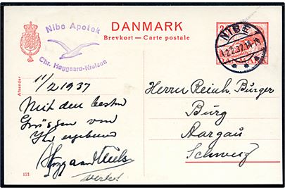 20 øre Kæmpehøj helsagsbrevkort (fabr. 121) fra Nibe d. 12.2.1937 til Burg, Schweiz.
