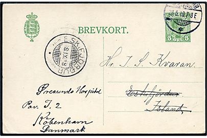 5 øre Chr. X helsagsbrevkort fra Svendborg d. 28.5.1918 til Eskifjördur på Island. Eftersendt til hospital i København med tydeligt stempel Eskifjördur d. 8.9.1918.