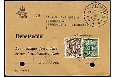 30 øre og 1 kr. Portomærke på debetseddel - formular B57 (9-54 1/25 A2) - fra Silkeborg d. 22.2.1958. 2 arkivhuller.