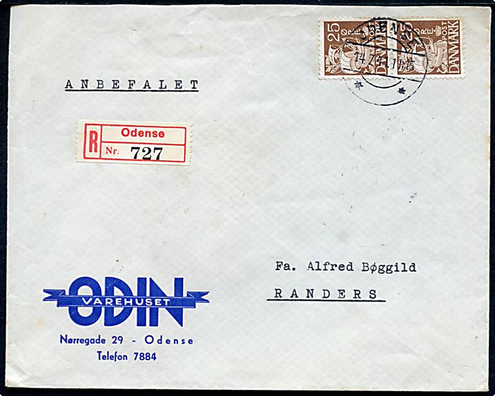 25 øre Karavel i parstykke på anbefalet brev fra Varehuset Odin i Odense d. 14.7.1941 til Randers. 