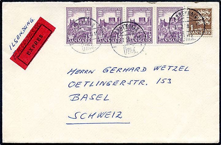 15 øre 1000 udg. (4) og 1 kr. Rigsvåben på ekspresbrev fra København d. 31.7.1958 til Basel, Schweiz.