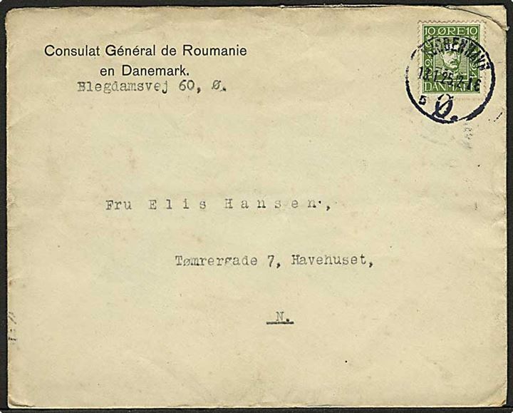 10 øre Chr. X Postjubilæum på lokalbrev fra Rumænske generalkonsulat i Kjøbenhavn d. 13.1.1925.