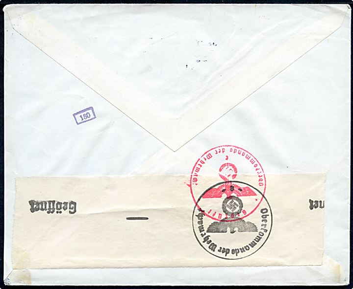 20 øre Karavel i parstykke på fortrykt kuvert fra Dansk Røde Kors i København d. 5.8.1942 til Røde Kors i Geneve, Schweiz. Åbnet af tysk.