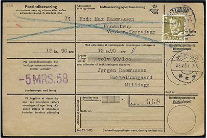90 øre Fr. IX single på retur Indkasserings-postanvisning fra Millinge d. 21.2.1953 til Vester-Skerninge.