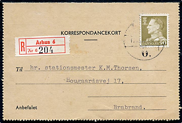 90 øre Fr. IX single på anbefalet korrespondancekort fra Århus 6 d. 12.11.1962 til Brabrand.