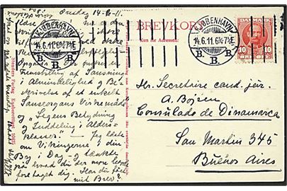 10 øre Fr. VIII på brevkort fra Kjøbenhavn d. 14.6.1911 til danske konsulat i Buenos Aires, Argentina.
