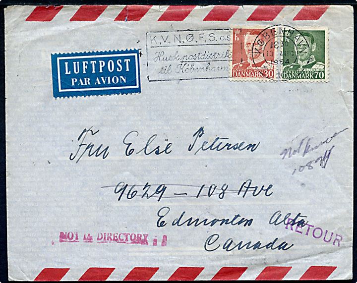 30 øre og 70 øre Fr. IX på luftpostbrev fra København d. 13.8.1954 til Edmonton, Canada. Returneret som ubekendt med forskellige stempler.