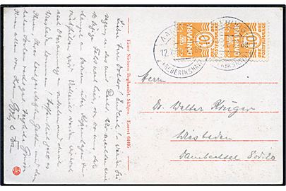 10 øre Bølgelinie i parstykke på brevkort (Skagen, Badehotel på Grenen) annulleret med bureaustempel Aalborg - Frederikshavn T.968 d. 12.7.1934 til Wiesbaden, Tyskland.