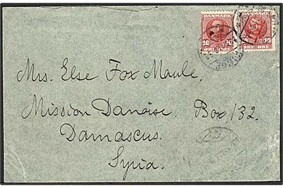 10 øre Fr. VIII (2) på brev fra Kjøge d. 23.5.1911 til Damaskus, Syrien.