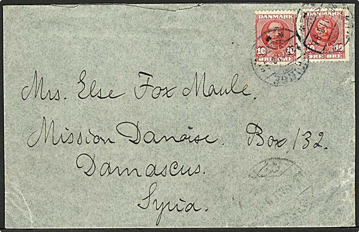 10 øre Fr. VIII (2) på brev fra Kjøge d. 23.5.1911 til Damaskus, Syrien.