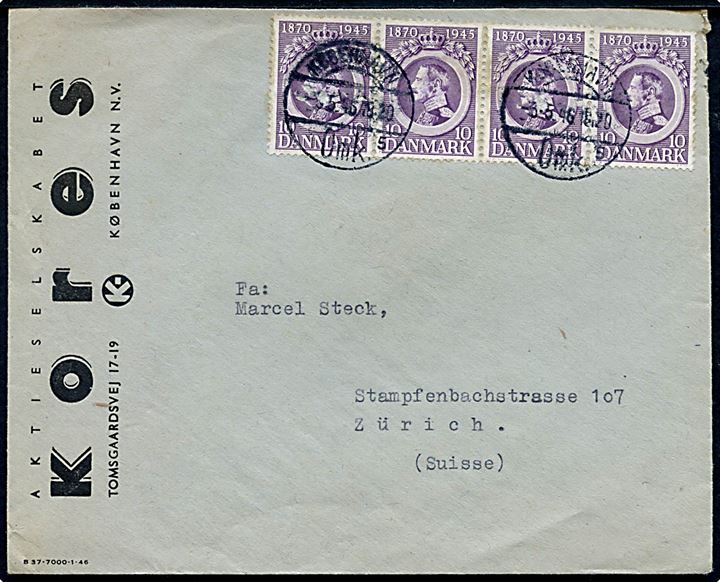 10 øre Chr. X (4-stribe) på brev fra København d. 3.5.1946 til Zürich, Schweiz.