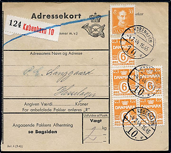 6 øre Bølgelinie (5) og 30 øre Chr. X på adressekort for pakke fra København d. 4.2.1944 til Hesselager.