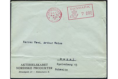 7 øre posthusfranko på tryksag fra København *OMK* d. 4.1.1930 til Basel, Schweiz. Vandret fold.