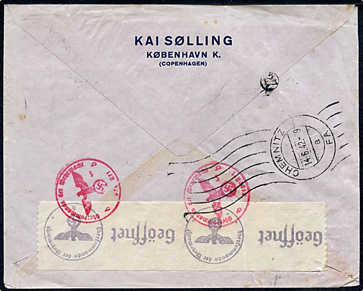 25 øre og 40 øre (par) Karavel på 105 øre frankeret luftpost ekspresbrev fra København d. 11.6.1942 til Chemnitz, Tyskland. Åbnet af tysk censur i Berlin.