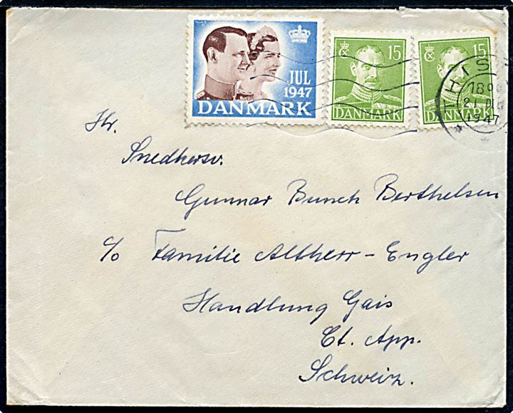 15 øre Chr. X (2) og Julemærke 1947 på brev fra Thisted d. 21.12.1947 til Gais, Schweiz.