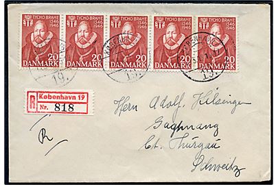 20 øre Thyco Brahe i vandret 5-stribe på anbefalet brev fra København 19 d. 17.3.1947 til Gachnang, Schweiz.