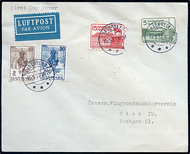 Komplet sæt Regentjubilæum på uofficiel FDC luftpostbrev fra Haderslev d. 15.5.1937 til Wien, Østrig.
