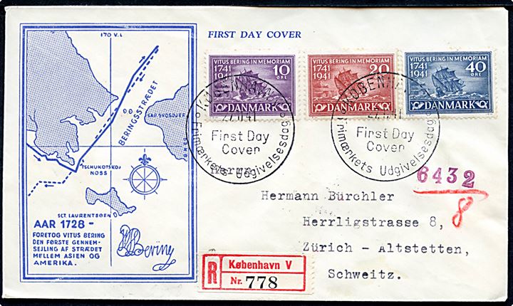 Komplet sæt Vitus Bering på illustreret FDC sendt anbefalet fra København d. 27.11.1941 til Zürich, Schweiz. Åbnet af tysk censur.