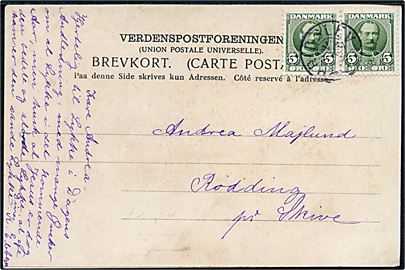 5 øre Fr. VIII i parstykke på brevkort annulleret med stjernestempel HARRIDSLEV til Rødding pr. Skive.