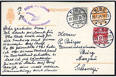 10 øre Bølgelinie helsagsbrevkort (fabr. 108-H) opfrankeret med 2 øre og 8 øre Bølgelinie fra Nibe d. 20.1.1934 til Burg, Schweiz.