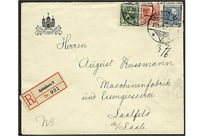 5 øre, 10 øre og 20 øre Chr. IX på anbefalet brev fra Kjøbenhavn d. 23.5.1906 til Saalfeld, Tyskland.