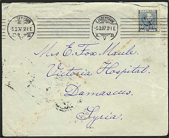 20 øre Chr. IX single på brev fra Kjøbenhavn d. 5.3.1906 til Damaskus, Syrien.