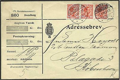 10 øre Chr. X i 3-stribe på adressebrev for pakke fra Svendborg d. 7.1.1916 til København.