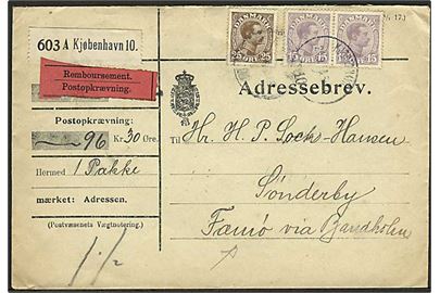 15 øre (parstykke) og 25 øre Chr. X på adressebrev for pakke med opkrævning fra Kjøbenhavn d. 20.9.1918 til Sønderby på Fæmø pr. Bandholm.