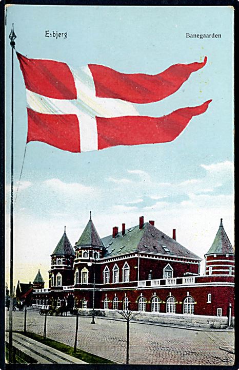 Esbjerg Banegård med Dannebrog. C.J.C. u/no. 