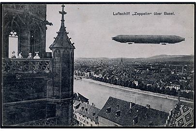 Basel. Zeppelin (Formodenligt LZ4) luftskib over byen. Sendt 1908 fra Basel til København. G. Metz u/no. 