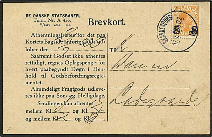 8/7 øre Provisorium på brevkort fra De danske Statsbaner annulleret med brotype IIIb stempel Skanderborg B. d. 17.7.1923 til Ladegaarde. På bagsiden 2-liniestempel: Skanderborg Station / Godskontoret.