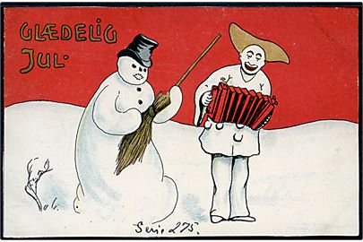 Pjerrot der spiller harmonika for snemand. Håndskåret kort uden adresselinier. 