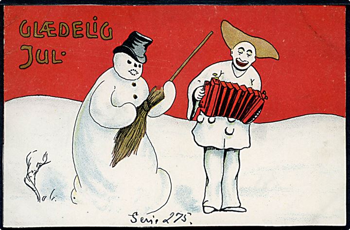 Pjerrot der spiller harmonika for snemand. Håndskåret kort uden adresselinier. 