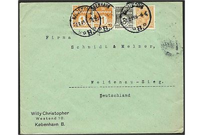 1 øre (2), 8 øre Bølgelinie og 30 øre Chr. X på brev fra Kjøbenhavn d. 7.2.1924 til Weidenau-Sieg, Tyskland.
