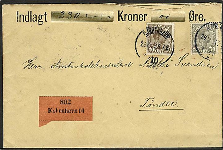 20 øre og 50 øre Chr. X på værdibrev fra Kjøbenhavn d. 29.6.1923 til Tønder. På bagsiden laksegl fra Ministeriet for Kirke- og Underviisningsvæsnet.