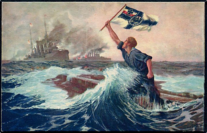 Die Letzte Mann. Patriotisk maleri af Hans Bohrdt i forbindelse med det tyske nederlag i Slaget nved Falklandsøerne d. 8.12.1914.