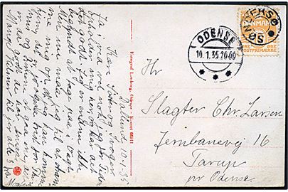 10 øre Bølgelinie på brevkort fra Dallund annulleret med udslebet stjernestempel SØNDERSØ og sidestemplet Odense d. 10.1.1935 til Tarup pr. Odense.