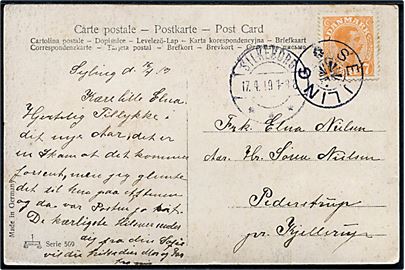 7 øre Chr. X på brevkort annulleret med stjernestempel SEJLING og sidestemplet Silkeborg d. 17.4.1919 til Kjellerup.