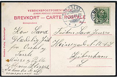 5 øre Fr. VIII på julekort annulleret med stjernestempel TVINGSTRUP og sidestemplet Horsens d. 24.12.1907 til København.